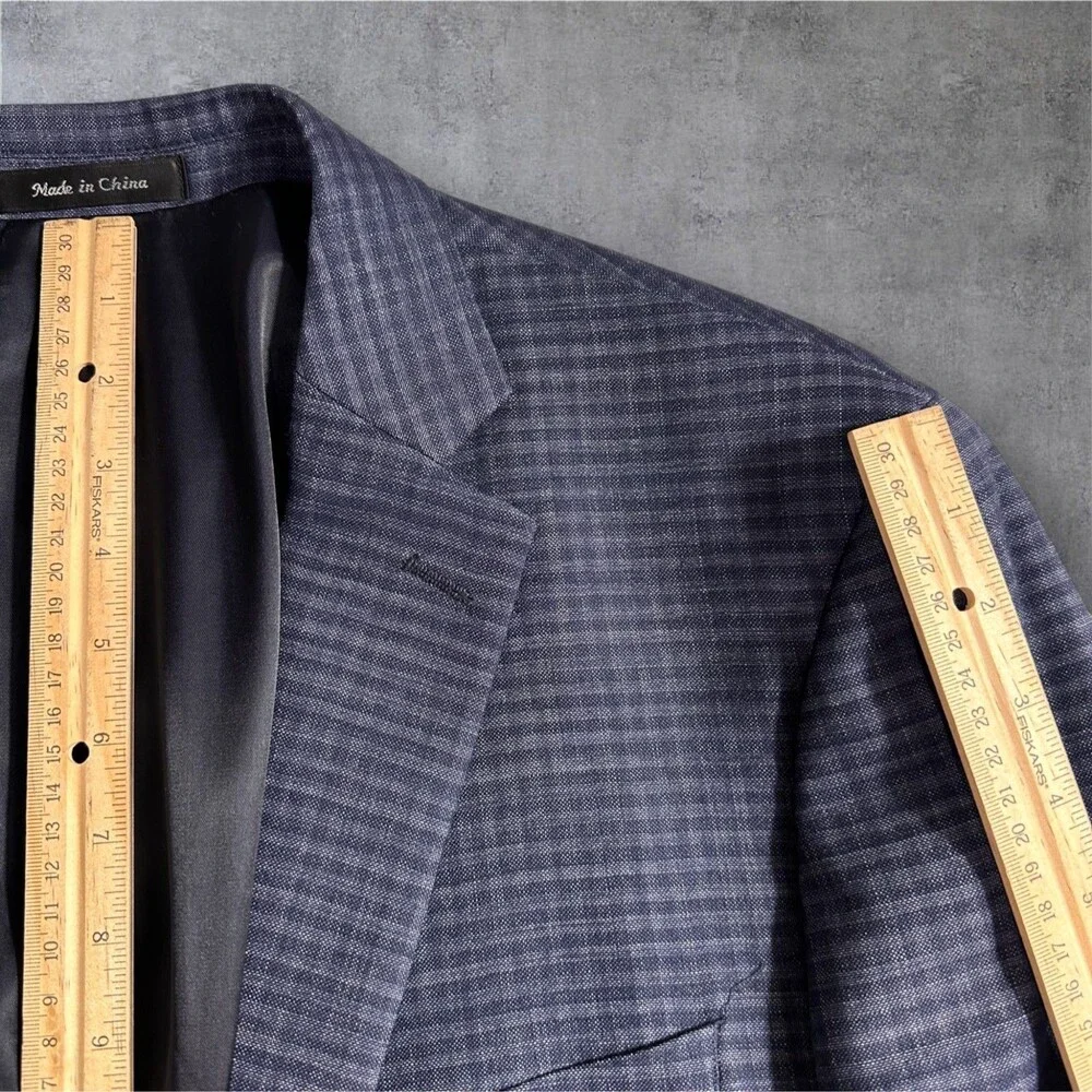 CALVIN KLEIN Mens Blazer 44R Sport Coat 2-Button Jacket Plaid Navy/Blue Wool